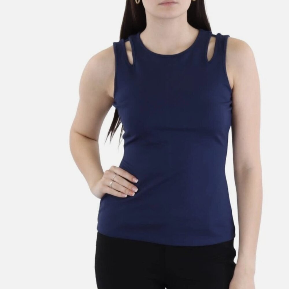 BCBGMAXAZRIA Cut-Out Rayon Tank – Navy – Size S – NWT